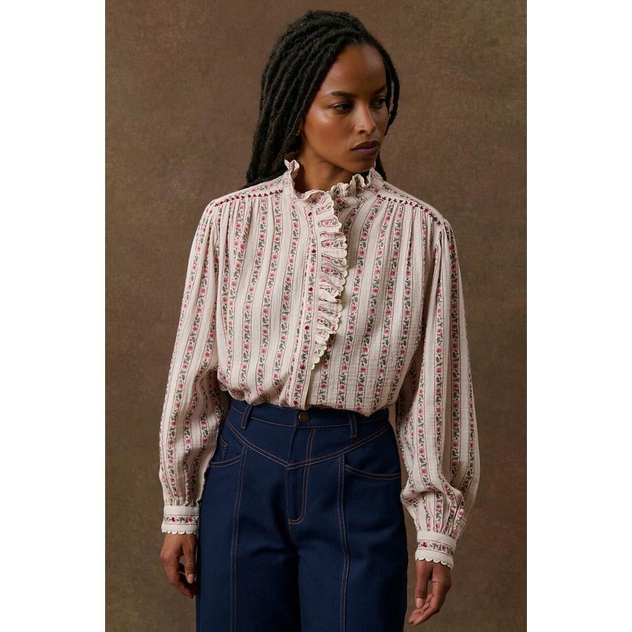 Blouse col montant à volants et rayures