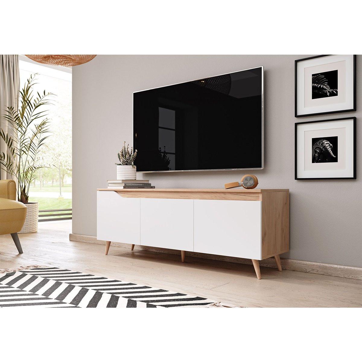 Calicosy TV-Möbel im skandinavischem Stil, 3 Türen, Holzdekor und, L140 cm - Tree  