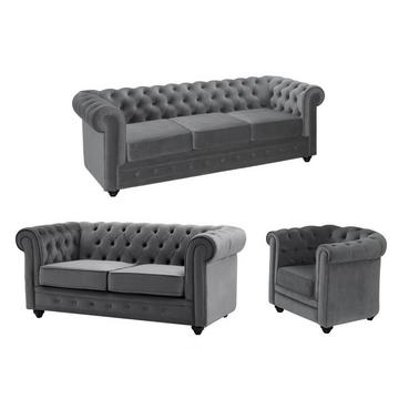 Sofa 3-Sitzer & 2-Sitzer & Sessel - Samt - Anthrazit - CHESTERFIELD