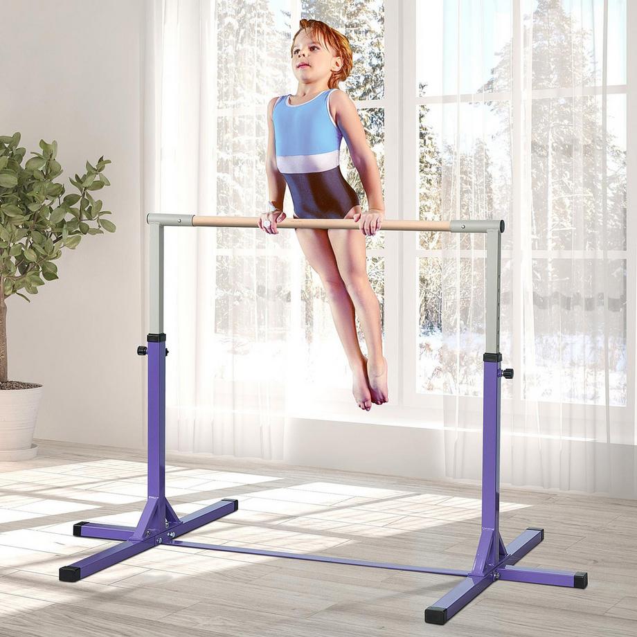 Northio  Barra per ginnastica, barra orizzontale regolabile in altezza su 13 livelli, barra per ginnastica alta in legno e robusta struttura in acciaio, portata fino a 75 kg, per 3+ bambini, indoor, outdoor, viola 