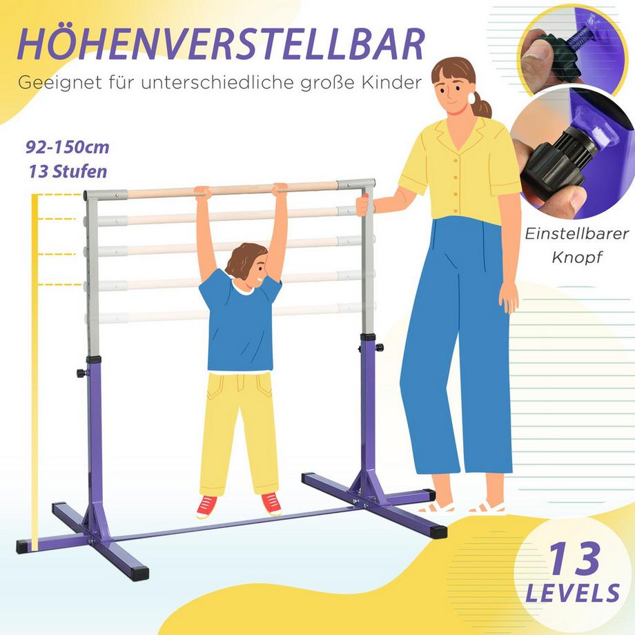 Northio  Barra per ginnastica, barra orizzontale regolabile in altezza su 13 livelli, barra per ginnastica alta in legno e robusta struttura in acciaio, portata fino a 75 kg, per 3+ bambini, indoor, outdoor, viola 