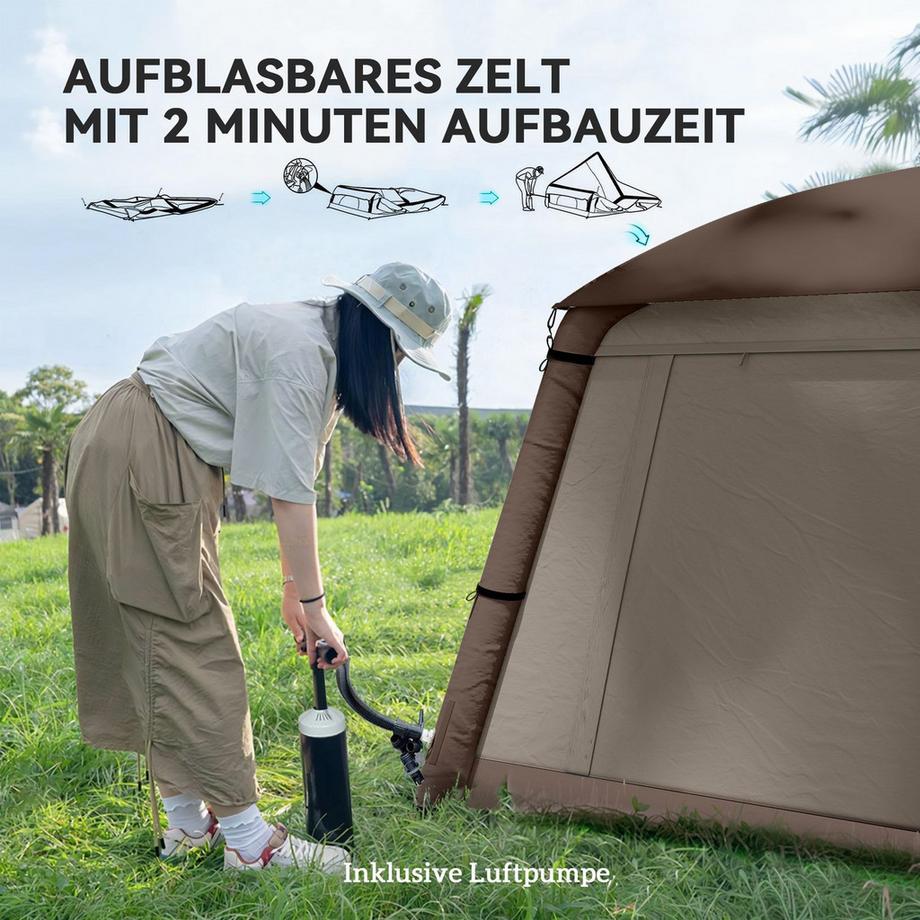 Northio  Aufblasbares Campingzelt 1-2 Personen Outdoor Familienzelt mit Vorzelt Haken Luftpumpe Fenstern Türen Aufbewahrungstasche Luftzelt für 4 Jahreszeiten Winddicht Glamping Zelt Aosom 