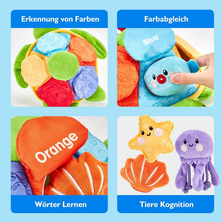 Activity-board  Schildkröten-Sinnesspielzeug zum Kombinieren von Farben, Wörtern und Meeresbewohnern 