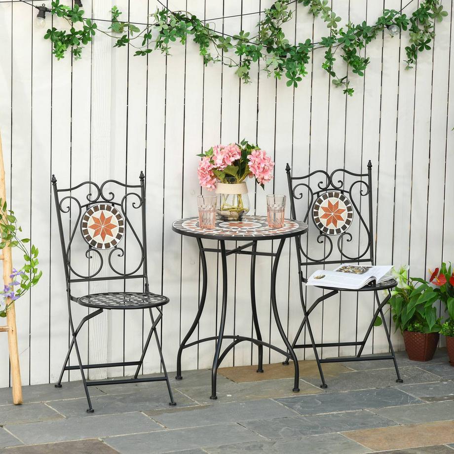Northio Salon De Jardin Salon De Balcon Pour 2 Personnes Table Mosaïque 2 Chaises Pliables Métal Multicolore  