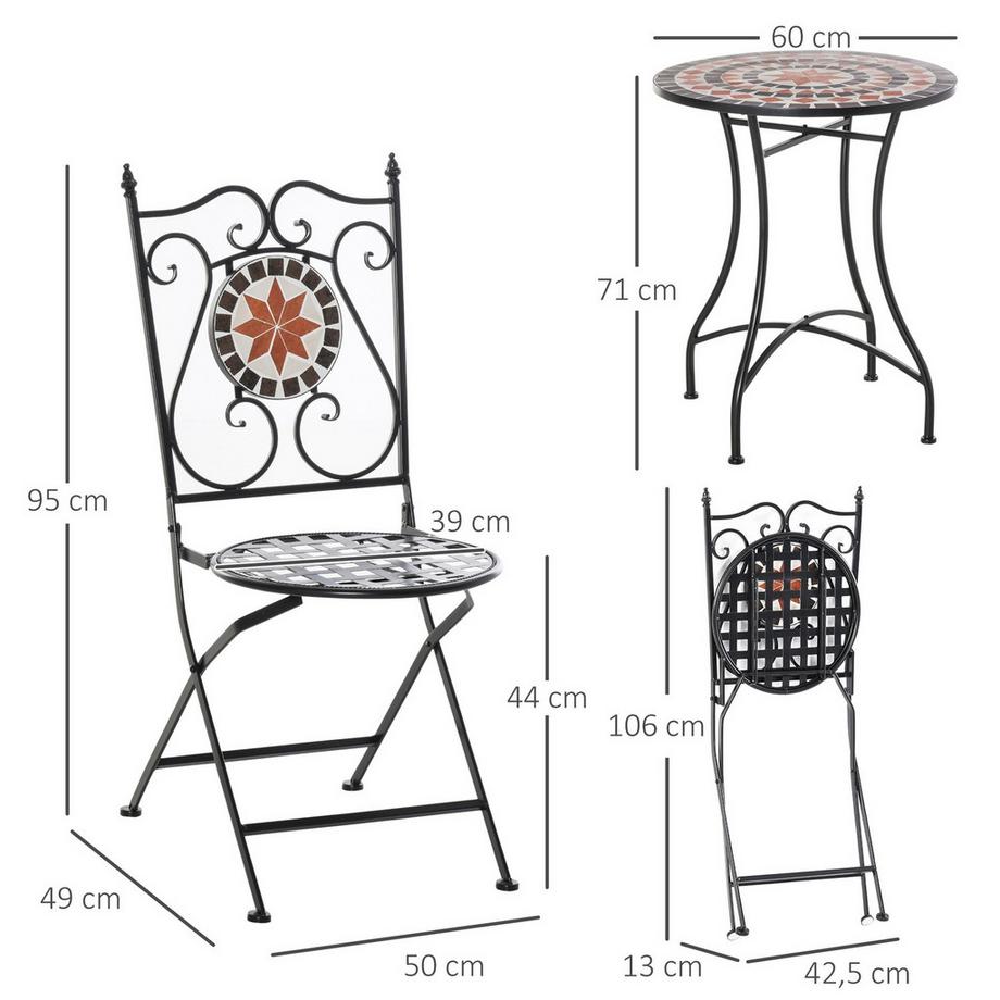Northio Salon De Jardin Salon De Balcon Pour 2 Personnes Table Mosaïque 2 Chaises Pliables Métal Multicolore  
