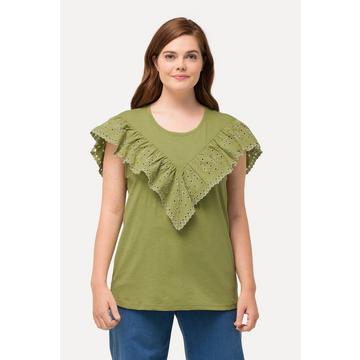 Top smanicato in cotone biologico con volant di pizzo e scollo rotondo