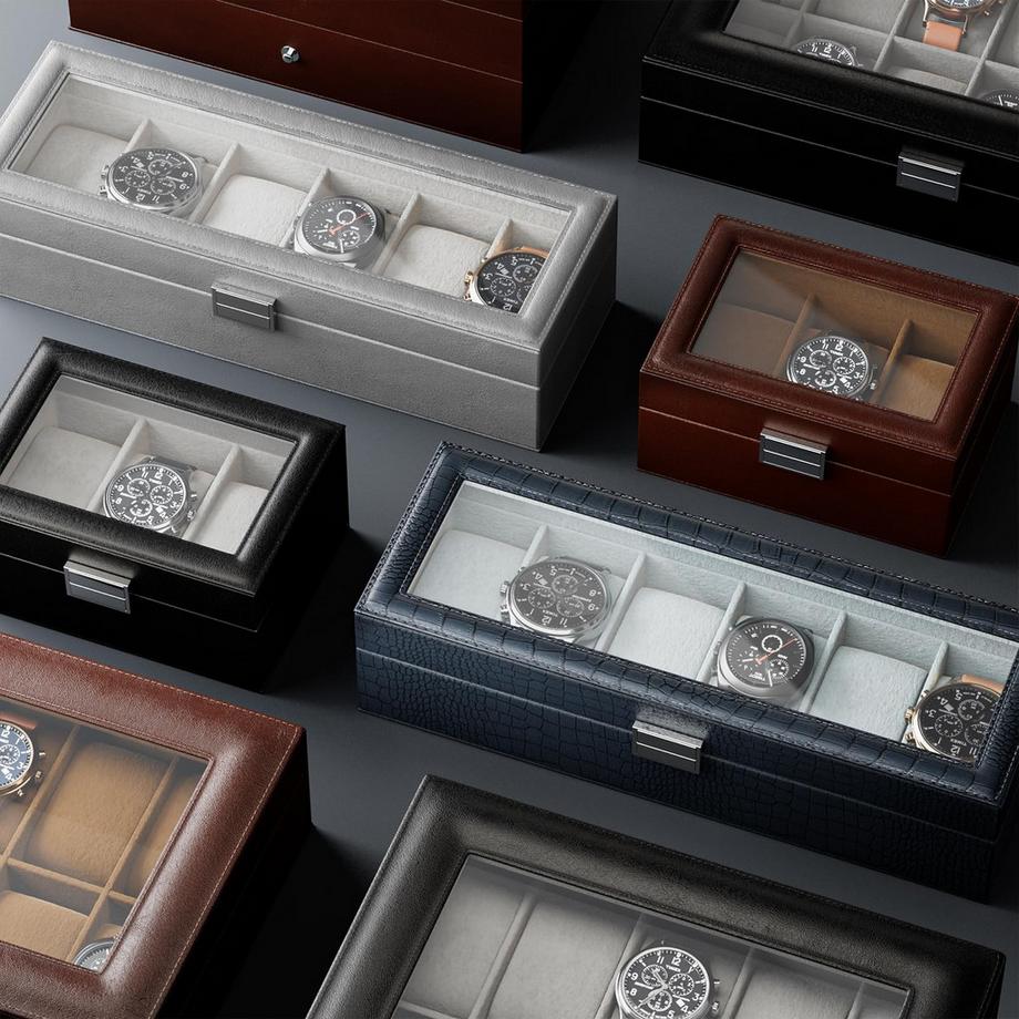 Only-bags.store  Uhrenbox mit 6 Fächern, Uhrenbox mit Glasdeckel, Uhrenkoffer mit Uhrenkissen, Uhrenaufbewahrung 