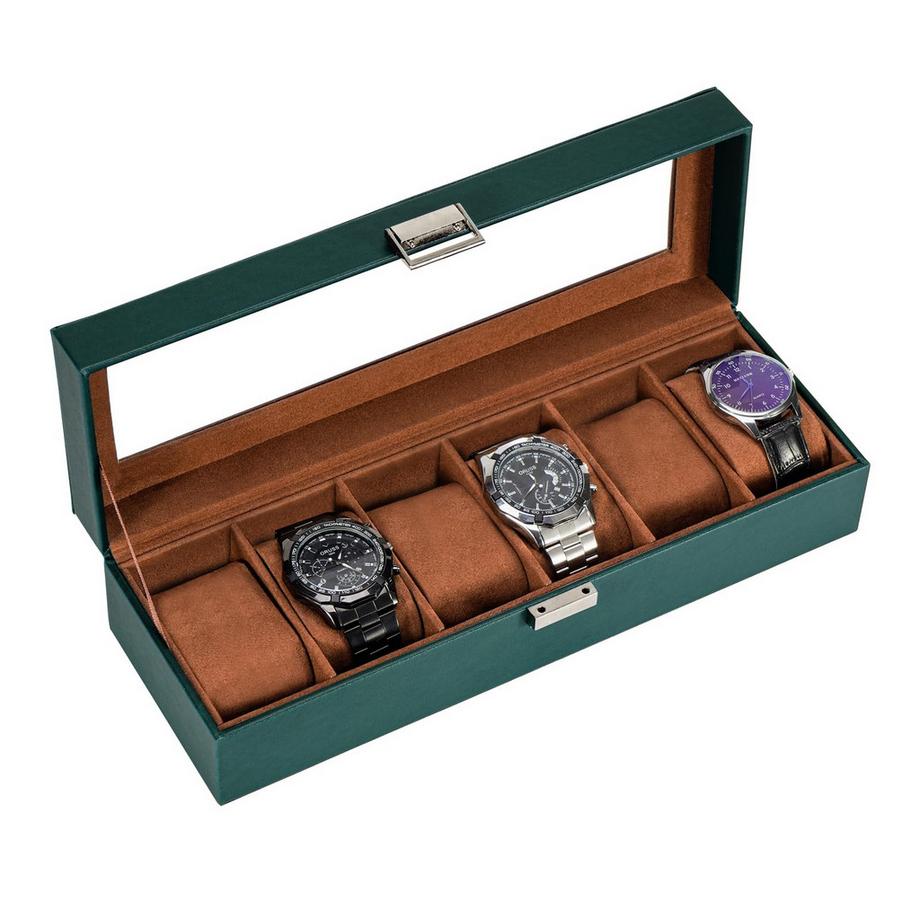 Only-bags.store  Uhrenbox mit 6 Fächern, Uhrenbox mit Glasdeckel, Uhrenkoffer mit Uhrenkissen, Uhrenaufbewahrung 