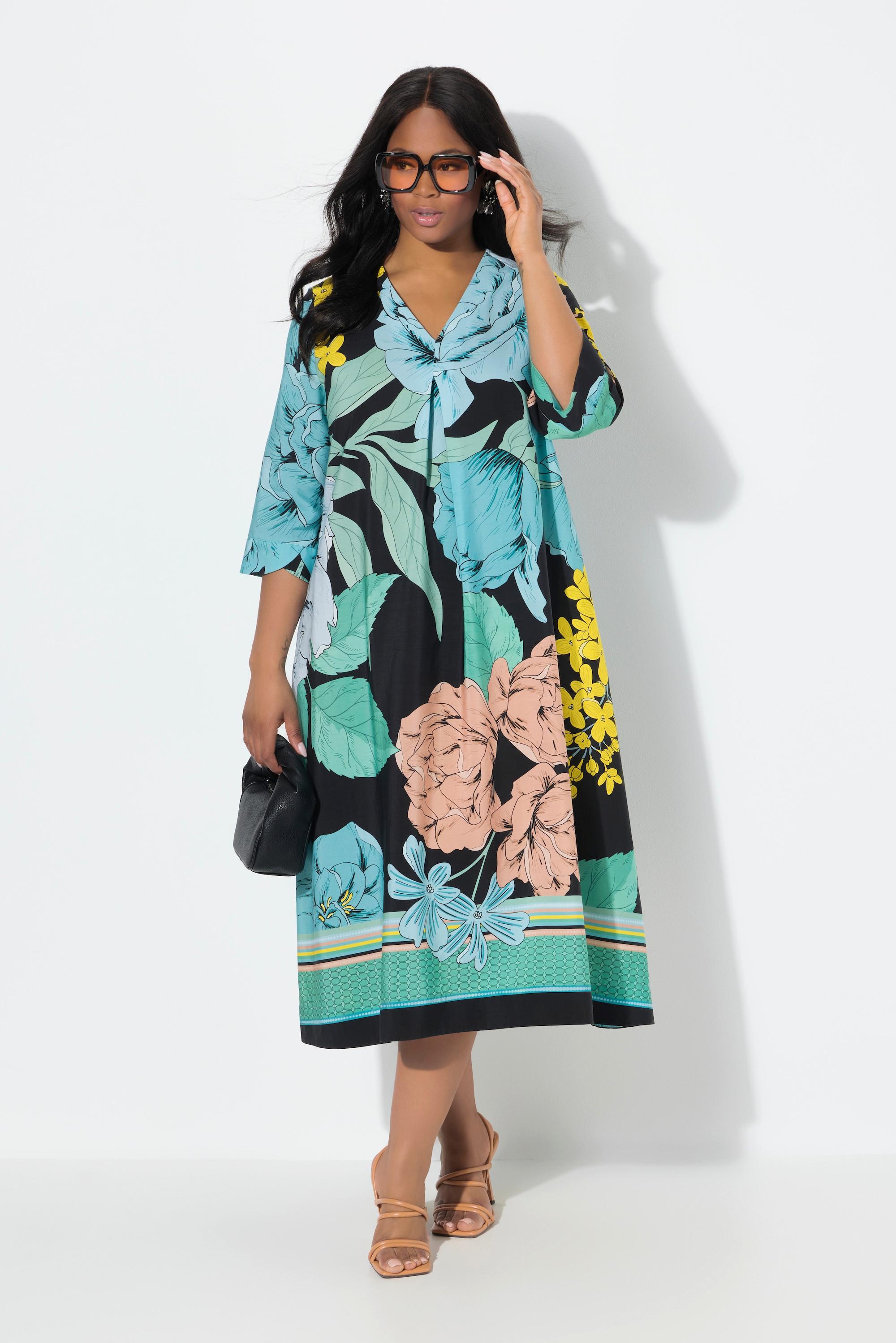 Ulla Popken Robe midi Lyocell Fleurs Coupe évasée Manches 3/4  