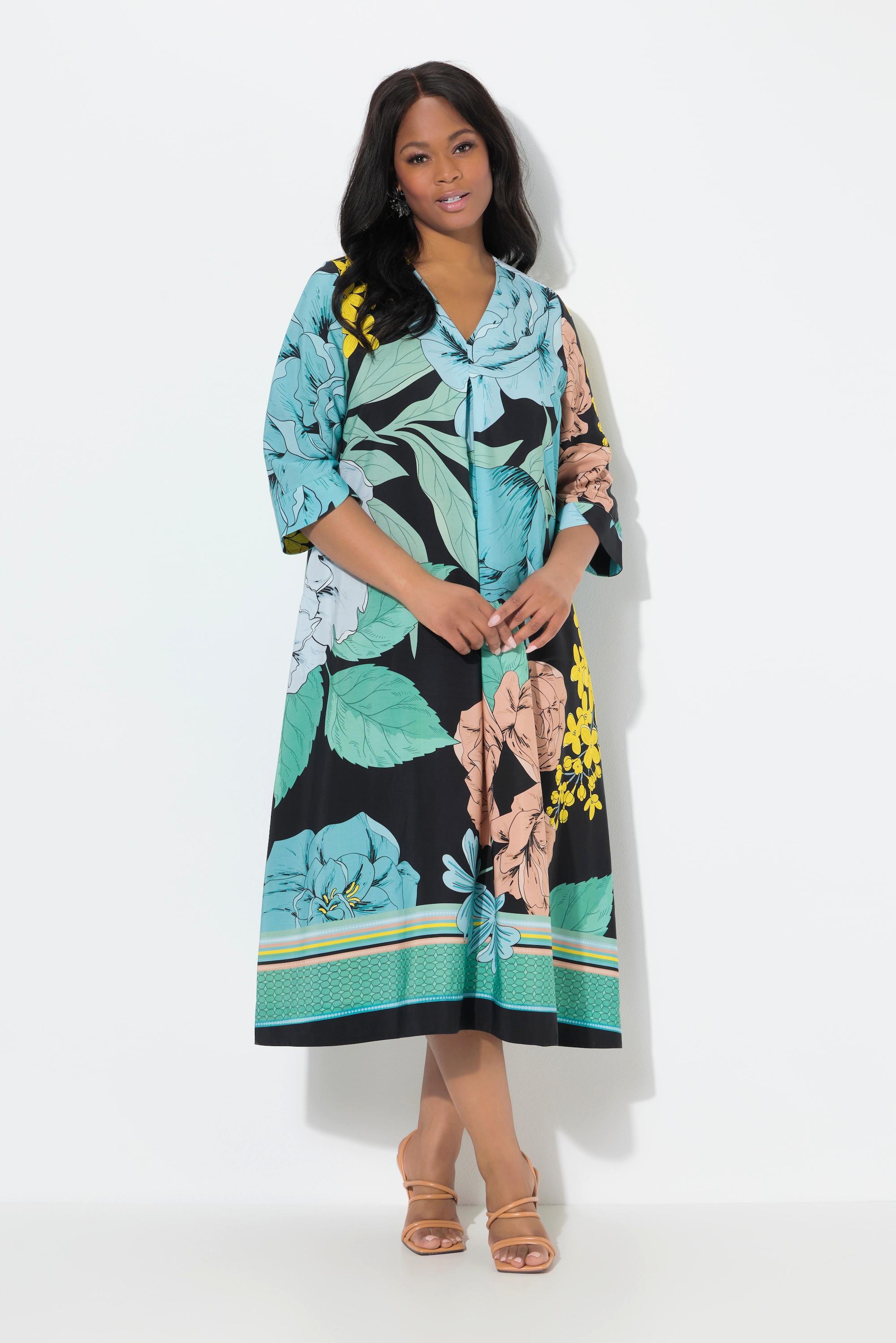 Ulla Popken Robe midi Lyocell Fleurs Coupe évasée Manches 3/4  