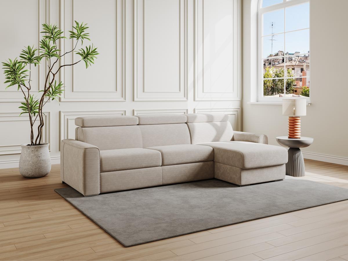 Vente-unique Divano letto angolare a ribalta angolo reversibile Letto 140cm Materasso 22cm in Velluto a coste Beige - VIZIR  