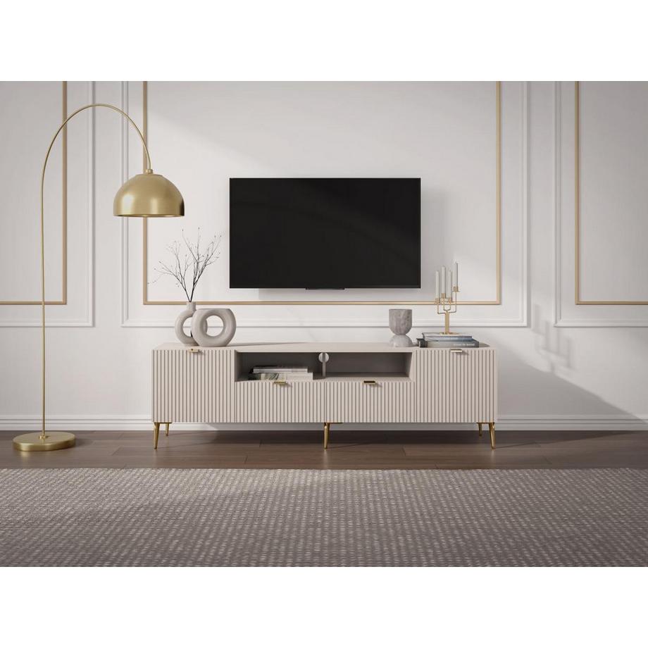 Vente-unique Mobile TV con 2 ante, 2 cassetti e 2 nicchie in MDF e Acciaio Beige e Dorato - YESINIA  