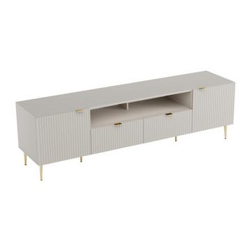 Meuble TV avec 2 portes, 2 tiroirs et 2 niches en MDF et acier - Beige et Doré - YESINIA