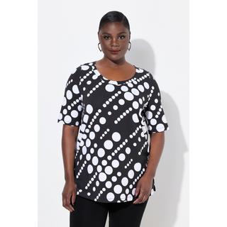 Ulla Popken  T-shirt dal taglio svasato in cotone Pima con pallini, scollo a girocollo e mezze maniche 