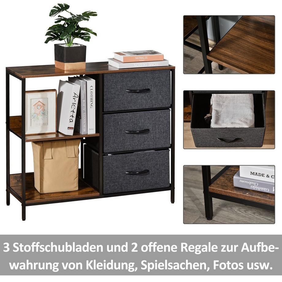 Northio Kommode Aufbewahrungsschrank mit 3 Stoff-Schubladen, 2 offenen Regal,Kommodenschrank mit Metallrahmen für Schlafzimmer, Wohnzimmer Braun Aosom  