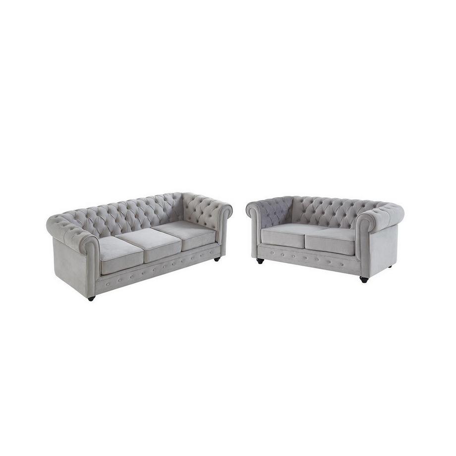 Vente-unique Divano 3+2 posti Velluto Grigio CHESTERFIELD  