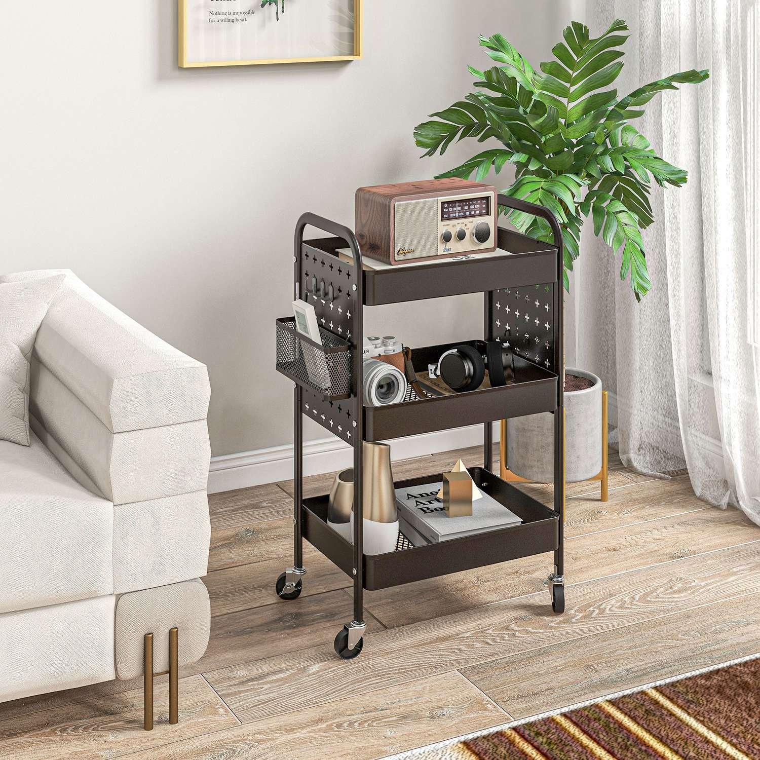 Northio Carrello Con Rotelle Carrello Da Servizio Con 3 Ripiani E 2 Cestini Sospesi, Carrello Portaoggetti Con Maniglia, Carrello Da Cucina, Acciaio, Nero  