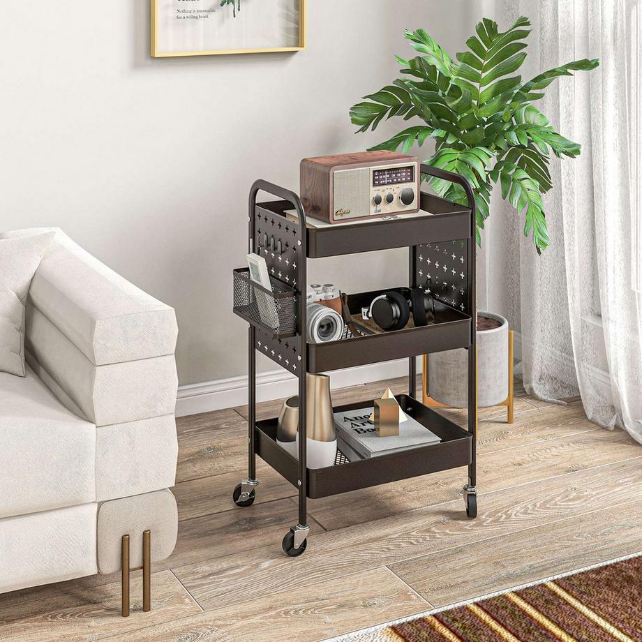 Northio Rollwagen Servierwagen Mit 3 Etagen & 2 Hängekörben, Aufbewahrungswagen Mit Griff, Küchenwagen, Stahl, Schwarz  