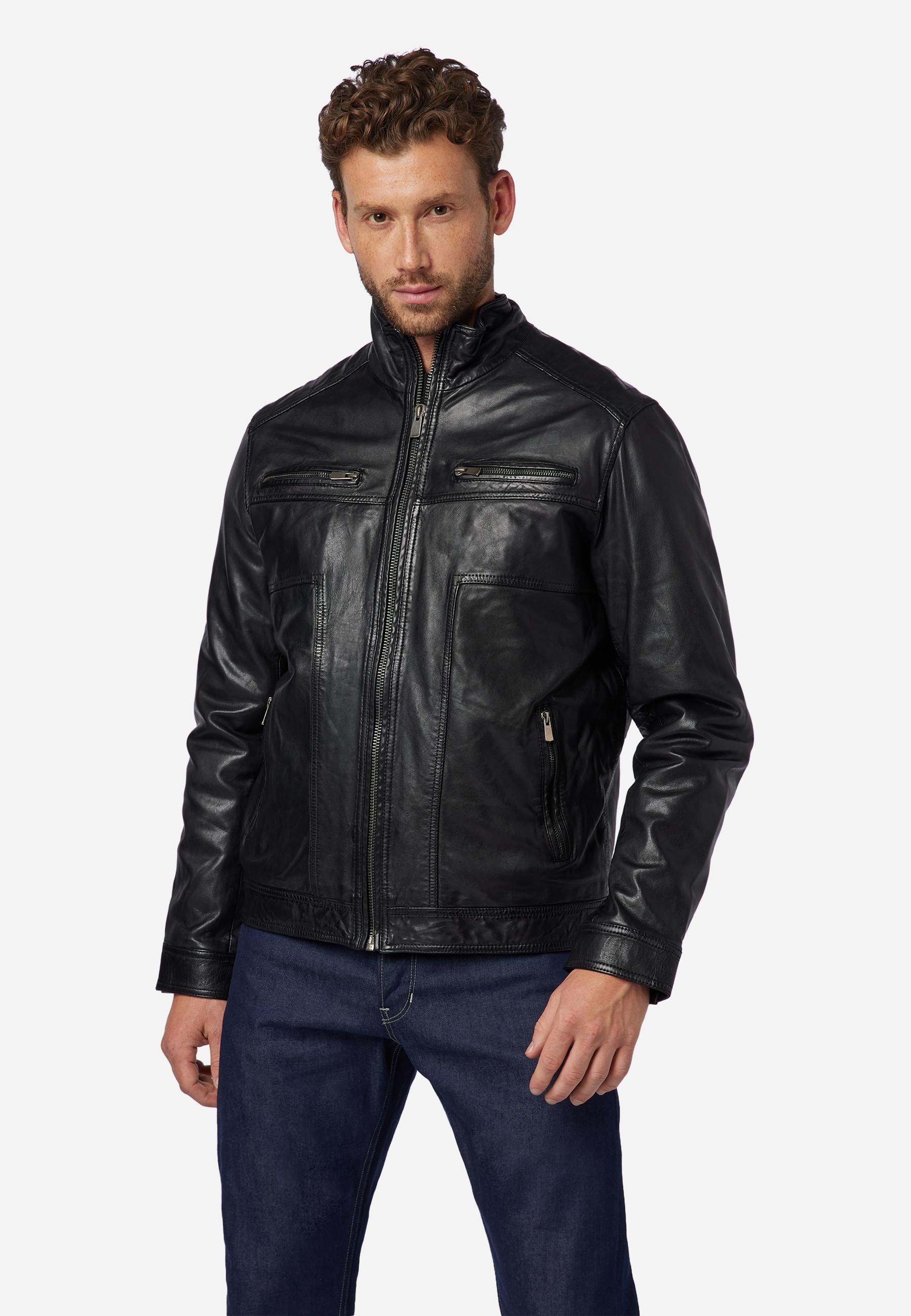 RICANO  Veste en cuir pour homme Albert - Style classique avec col montant 