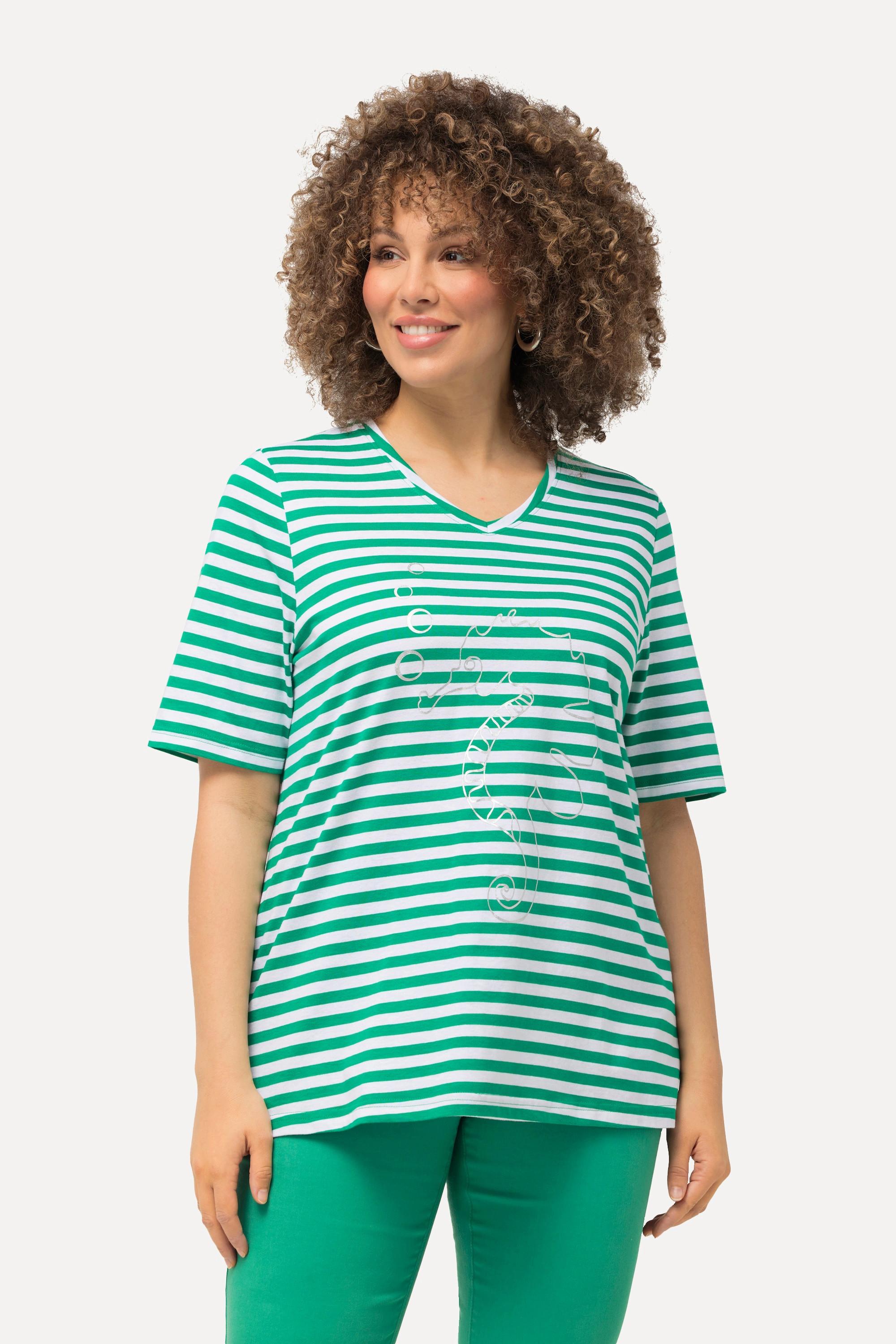 Ulla Popken  Shirt, Ringel, Metallic-Tier, V-Ausschnitt, Halbarm 