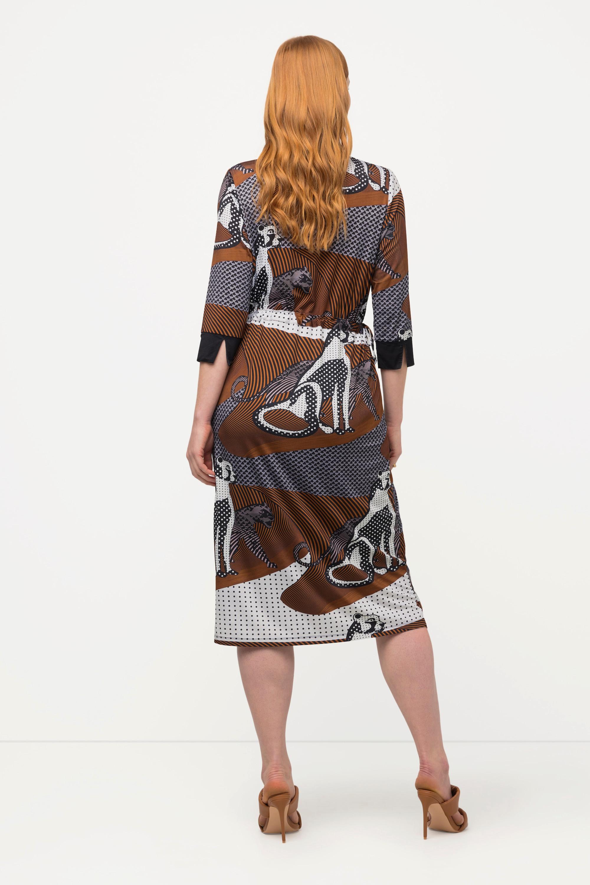 Ulla Popken Slinkykleid Leoparden Design V-Ausschnitt 3/4 Arm  