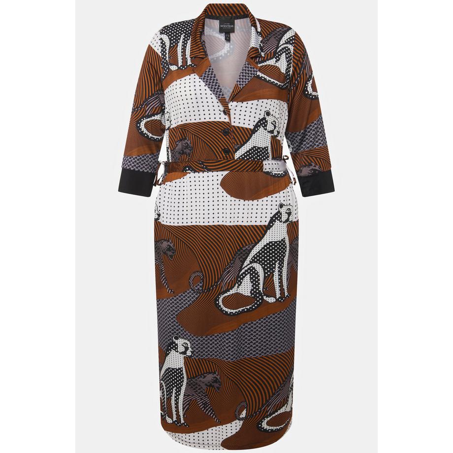 Ulla Popken Robe Slinky Imprimé Léopard Col V Manches 3/4  