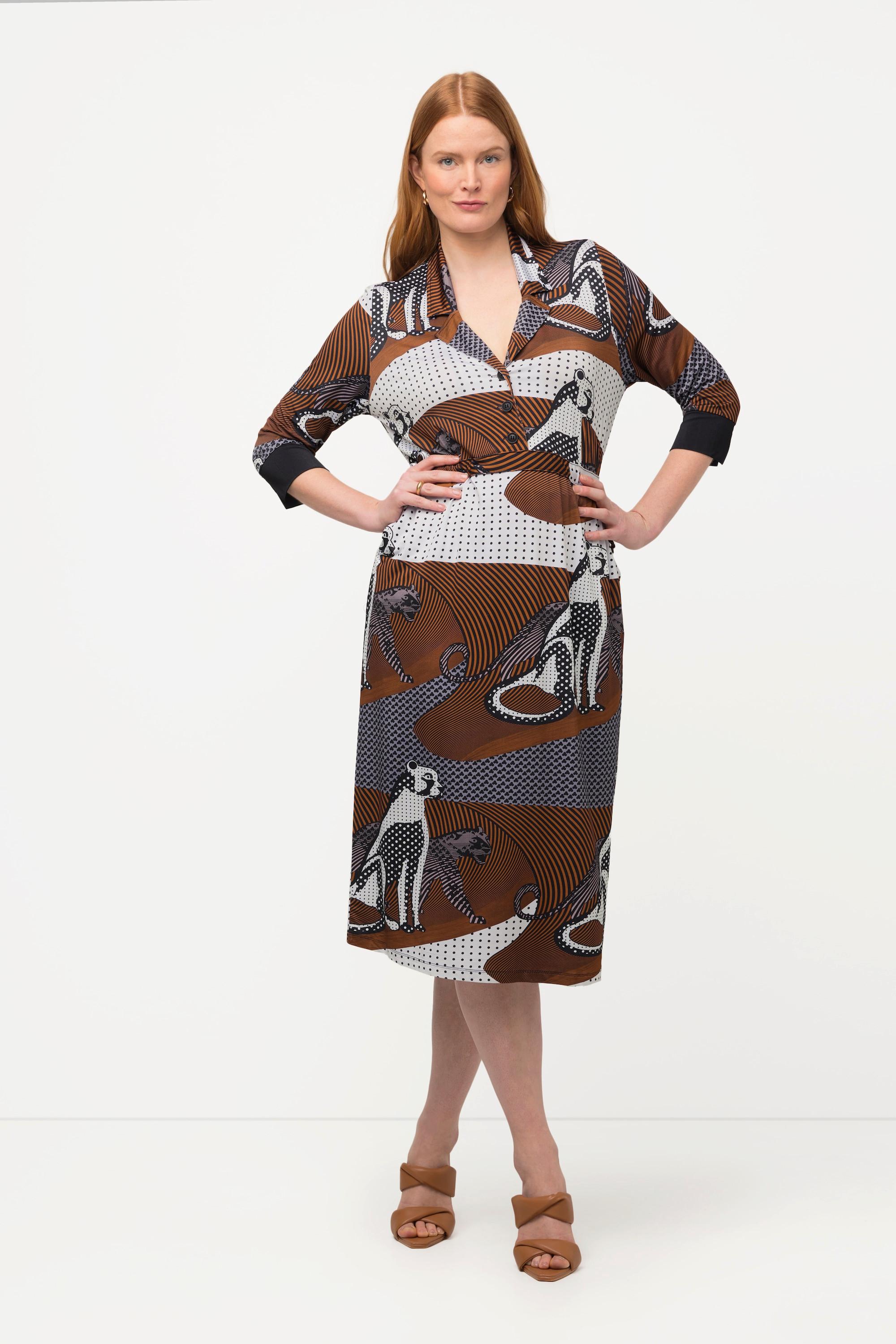 Ulla Popken Slinkykleid Leoparden Design V-Ausschnitt 3/4 Arm  