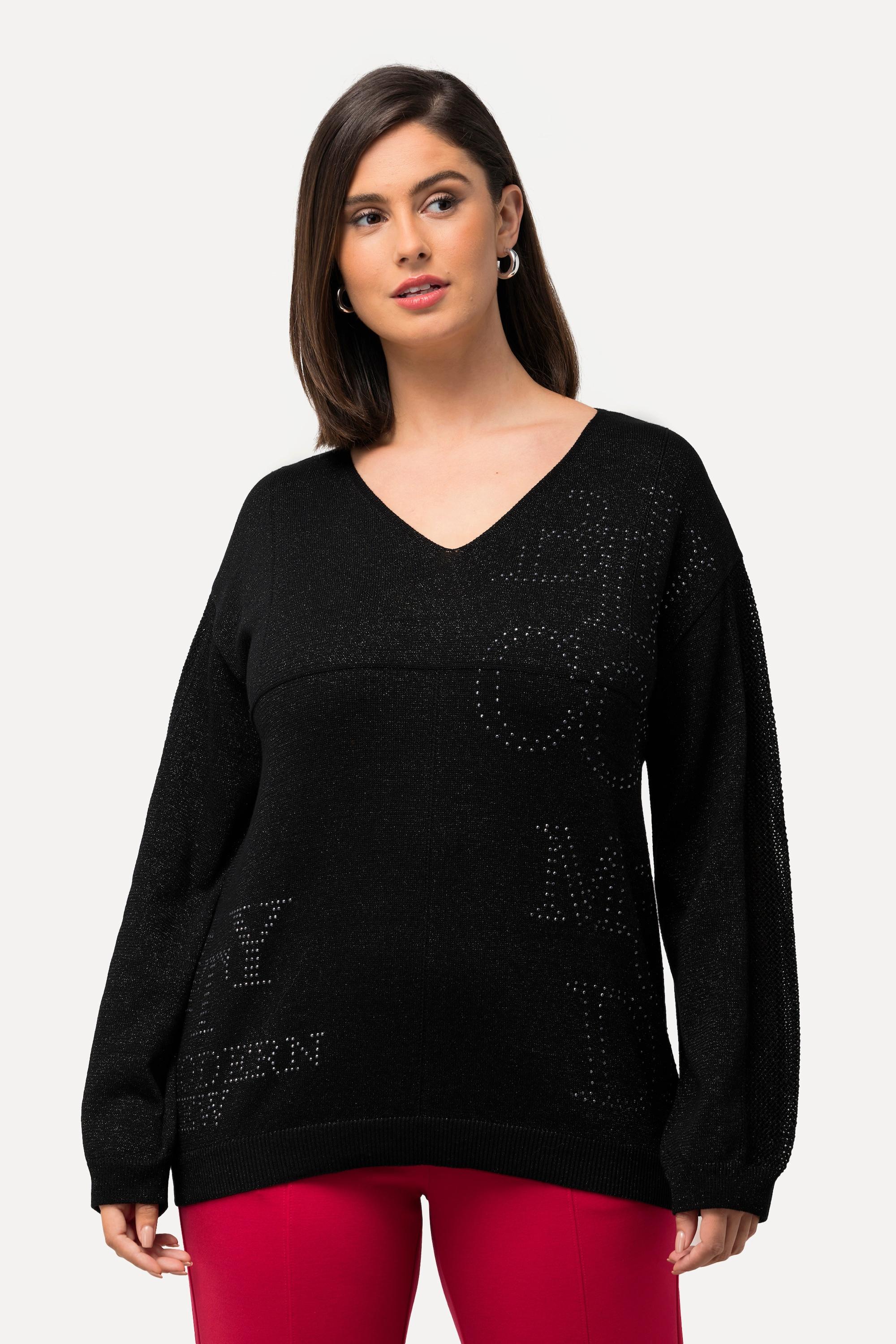 Ulla Popken  Pullover, Ziersteine, V-Ausschnitt, Langarm 