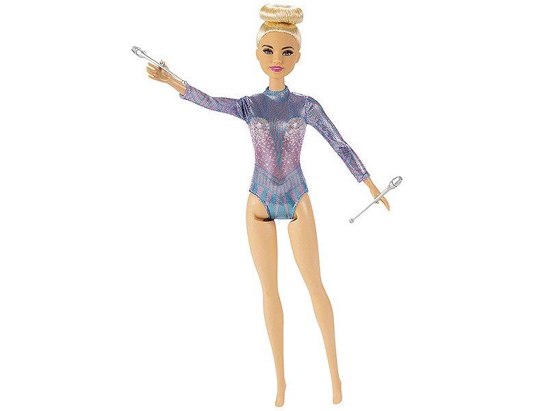 Barbie  Barbie GTN65 Blonde Puppe rhythmische Sportgymnastin (ca. 30 cm) mit schillerndem Metallic-Gymnastikanzug, 2 Keulen und Band, tolles Geschenk für Kinder ab 3 Jahren 
