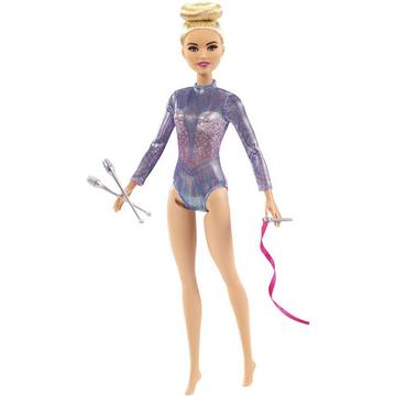 Barbie GTN65 Blonde Puppe rhythmische Sportgymnastin (ca. 30 cm) mit schillerndem Metallic-Gymnastikanzug, 2 Keulen und Band, tolles Geschenk für Kinder ab 3 Jahren