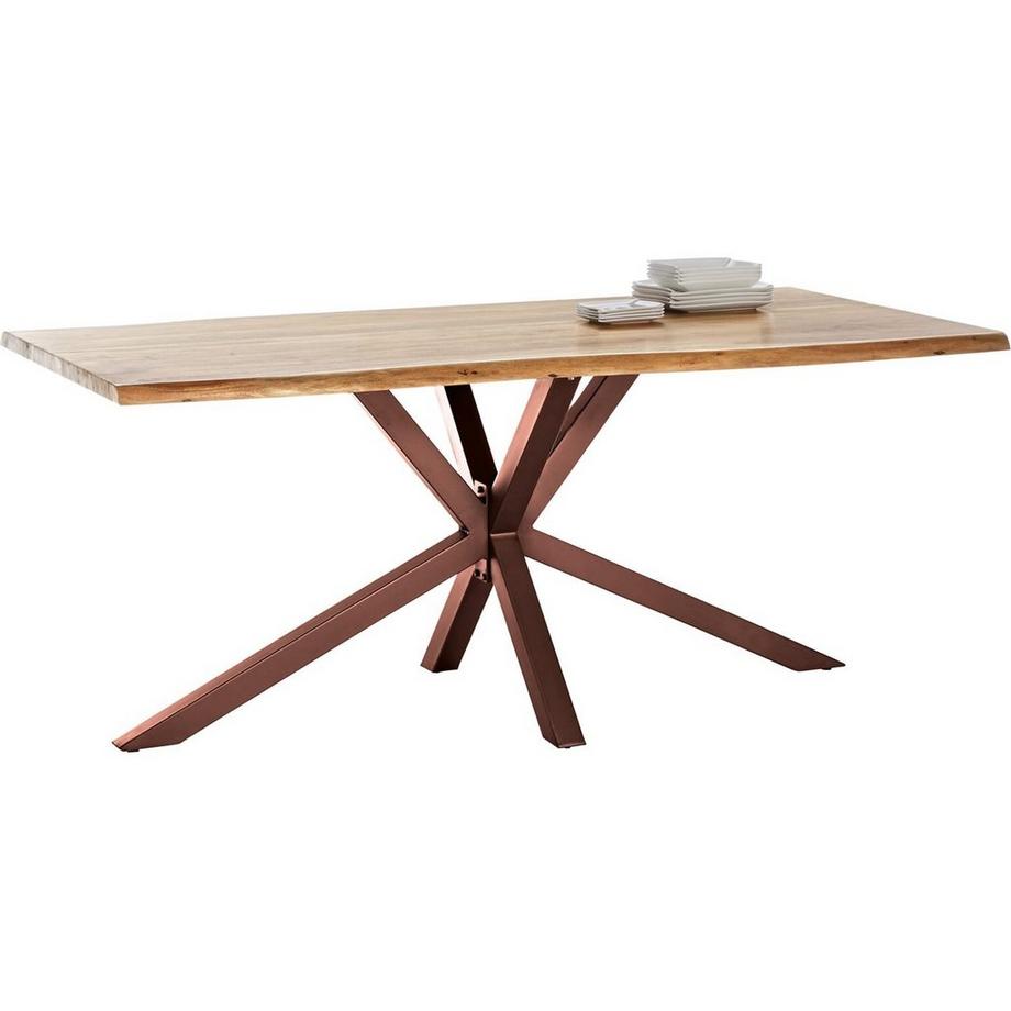 Table 200x100 cm - acacia naturel - métal brun antique - avec bordure d'arbre
