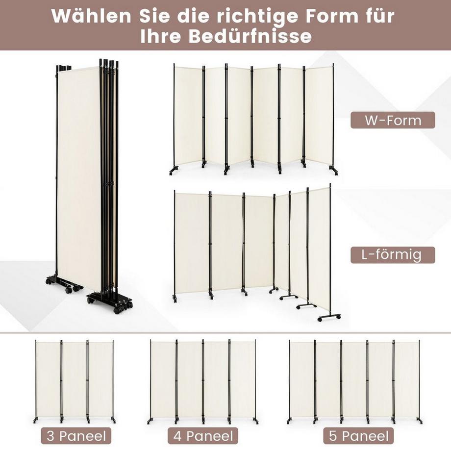 B2X 6-Teiliger Faltbarer Raumteiler 172 cm Hoher Sichtschutz mit Feststellbaren Rädern Beige  