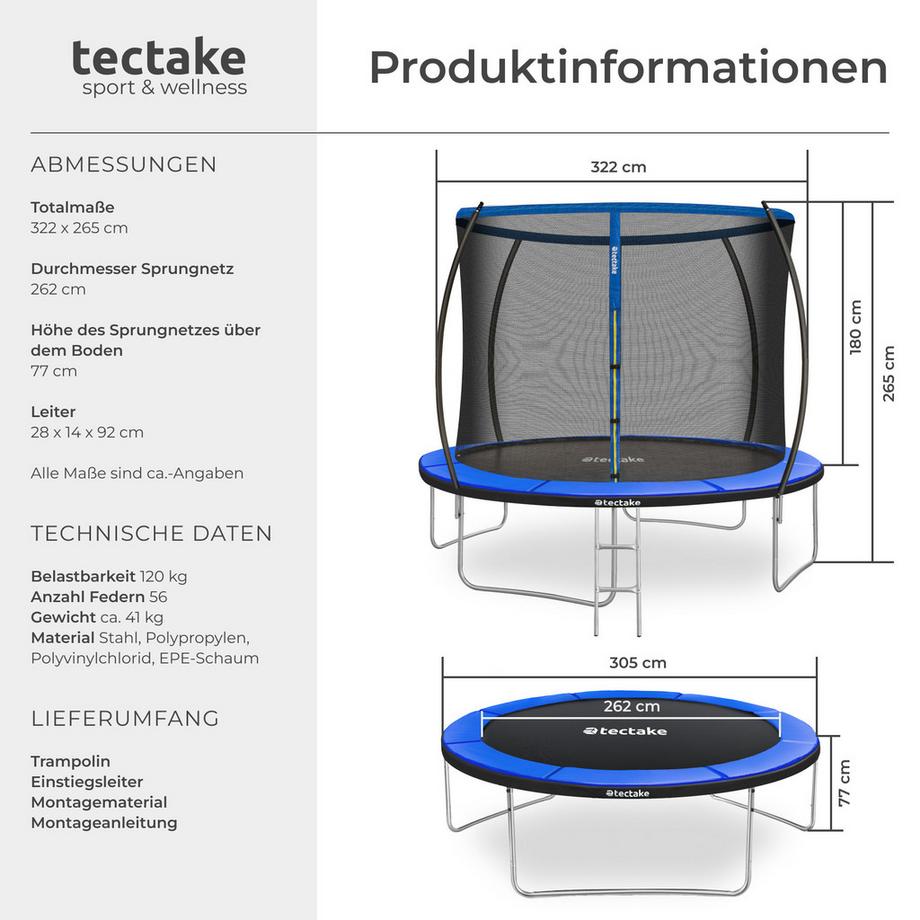 Tectake  Trampolin Jumpy Ø 305 cm, GS-zertifiziert mit Sicherheitsnetz 