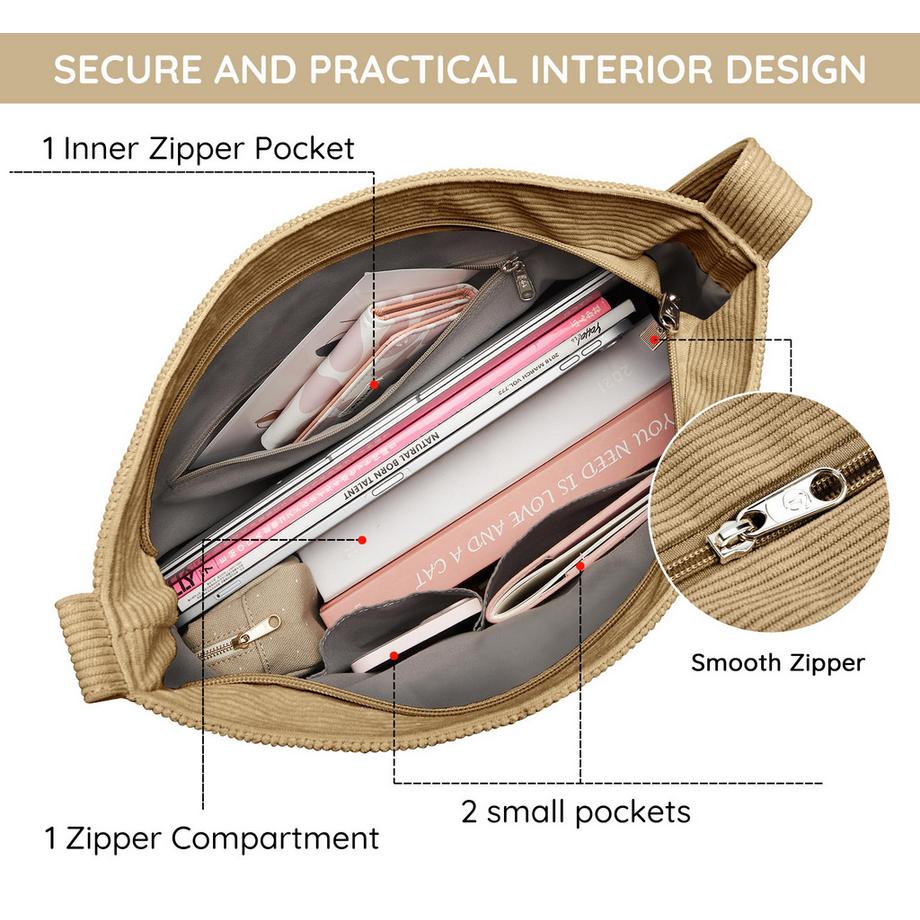 Only-bags.store Borsa a tracolla in velluto a coste con cerniera Shopper impermeabile  