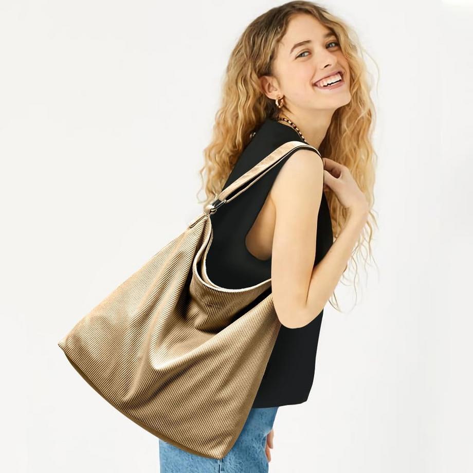 Only-bags.store Borsa a tracolla in velluto a coste con cerniera Shopper impermeabile  