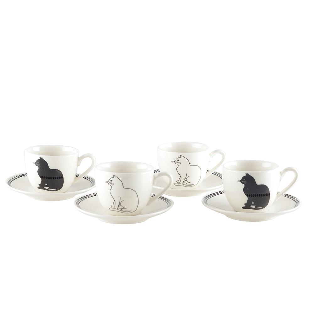 Aulica TASSES A CAFE AVEC SOUCOUPES CHAT NOIR ET BLANC - LOT DE 4  