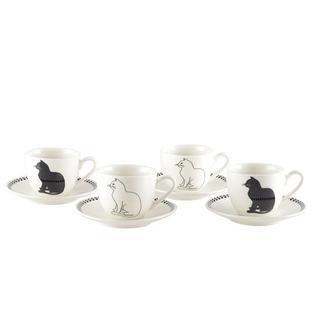 Aulica TASSES A CAFE AVEC SOUCOUPES CHAT NOIR ET BLANC - LOT DE 4  