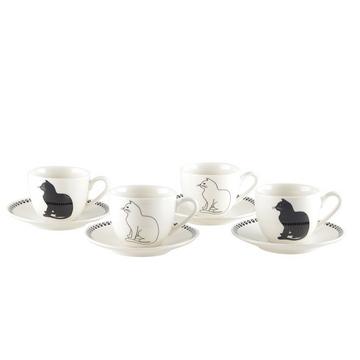 TASSES A CAFE AVEC SOUCOUPES CHAT NOIR ET BLANC - LOT DE 4