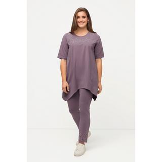 Ulla Popken  T-shirt in cotone biologico con ricami traforati, scollo a girocollo e mezze maniche 