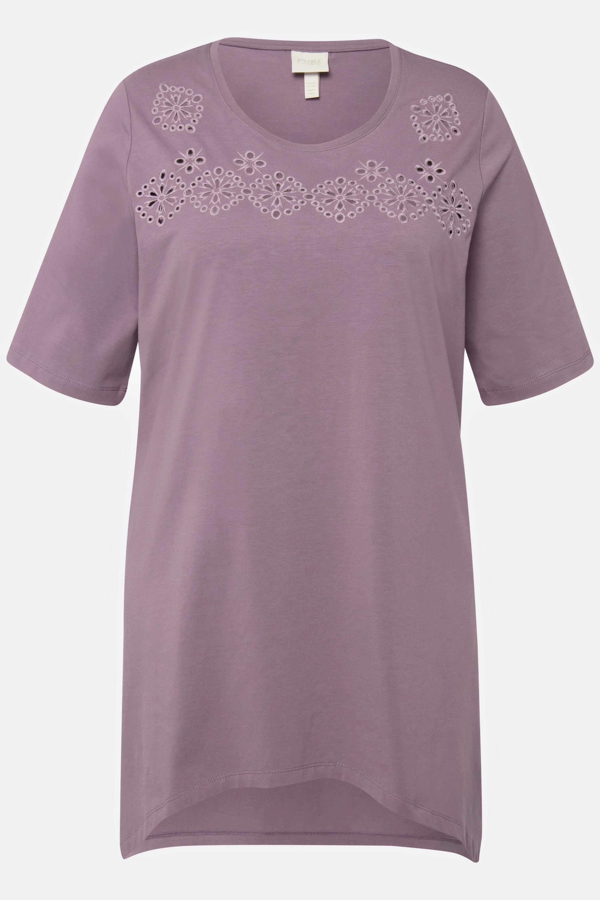 Ulla Popken  T-shirt avec broderies ajourées. Décolleté rond, manches courtes. Coton bio. 