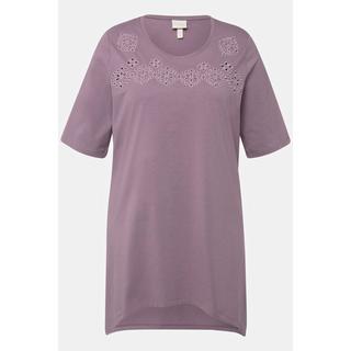 Ulla Popken  T-shirt in cotone biologico con ricami traforati, scollo a girocollo e mezze maniche 