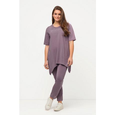 Ulla Popken  T-shirt in cotone biologico con ricami traforati, scollo a girocollo e mezze maniche 