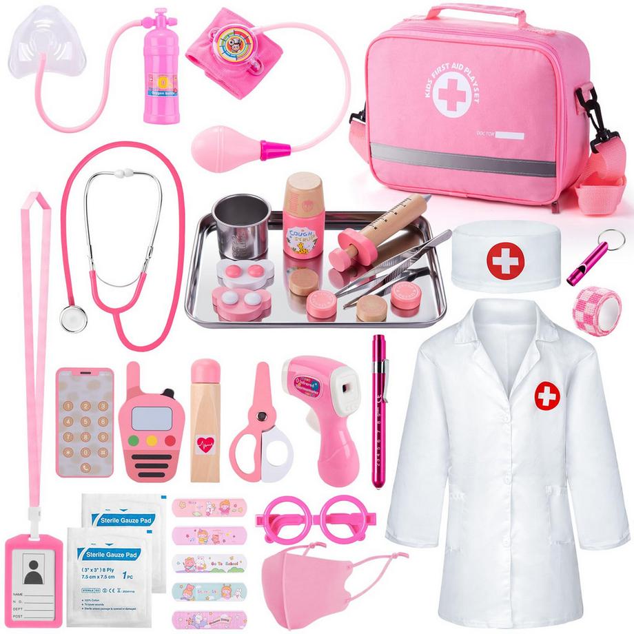 Kinder-Arztkoffer, 35-teiliger Arztkoffer mit echtem Stethoskop, Thermometer & Spritze, Arztkittel & Tragetasche