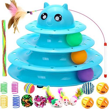 Alopini  17 Stück Katzenspielzeug Interaktives Katzenspielzeug für Innenkatzen 3 Schichttürme Rollenspuren Katzenreizspielzeug mit Feder 