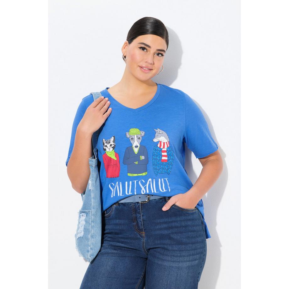 Ulla Popken T-shirt Animaux Col en V Manches Courtes Coupe Évasée  