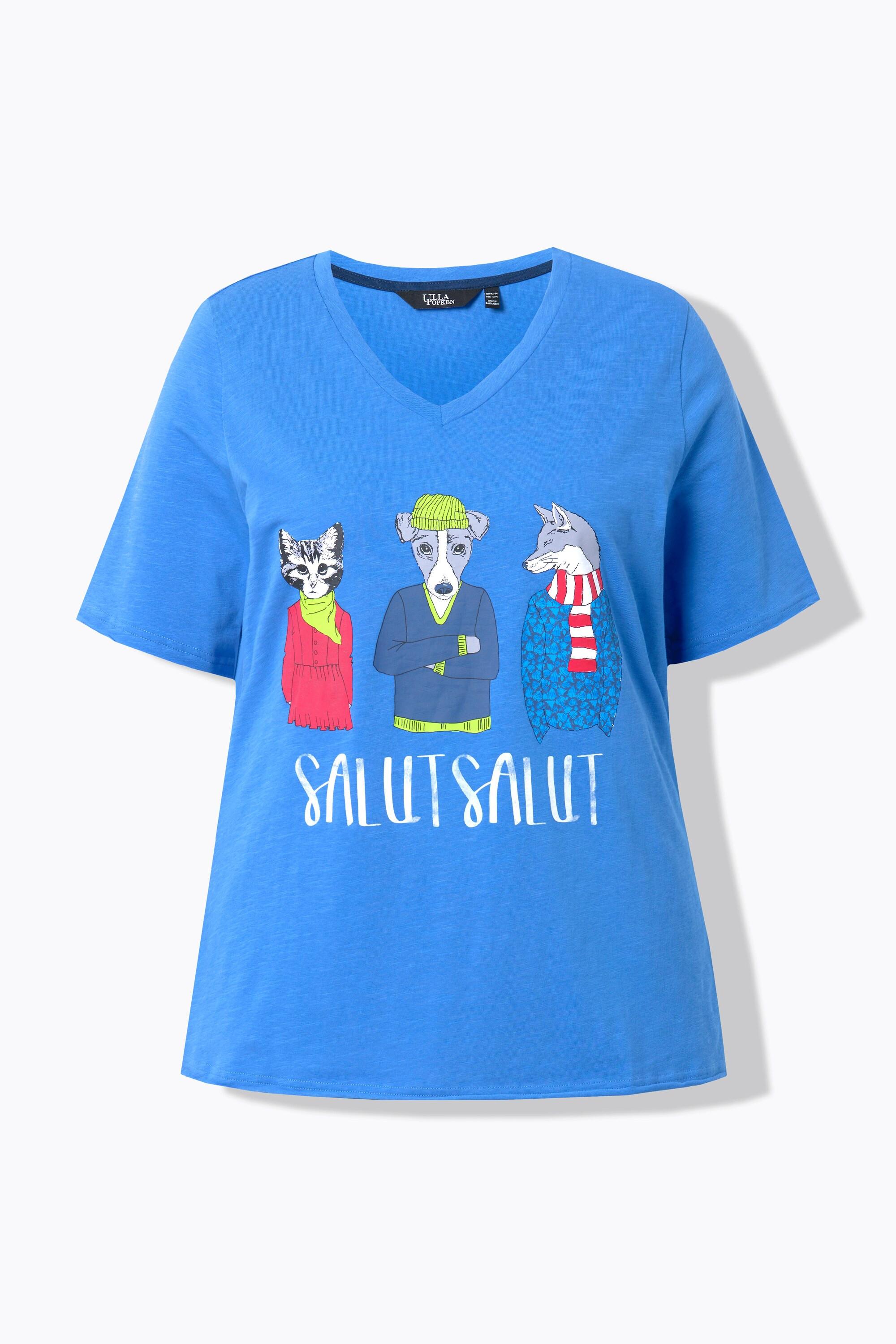 Ulla Popken  T-shirt dal taglio svasato con animali, scollo a V e mezze maniche 