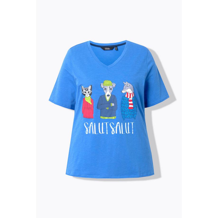 Ulla Popken T-shirt Animaux Col en V Manches Courtes Coupe Évasée  