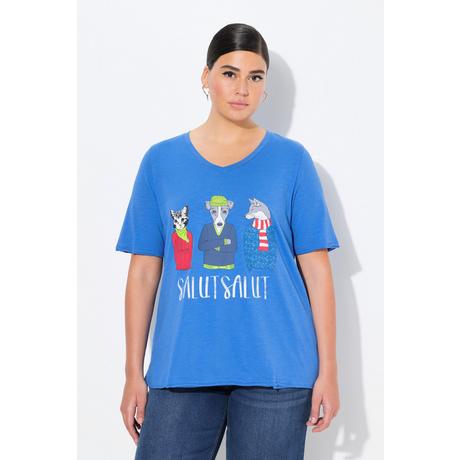 Ulla Popken  T-shirt dal taglio svasato con animali, scollo a V e mezze maniche 