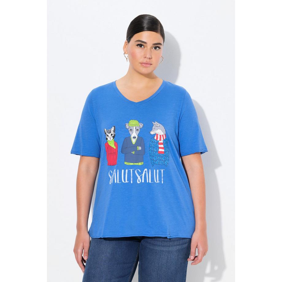 Ulla Popken T-shirt Animaux Col en V Manches Courtes Coupe Évasée  