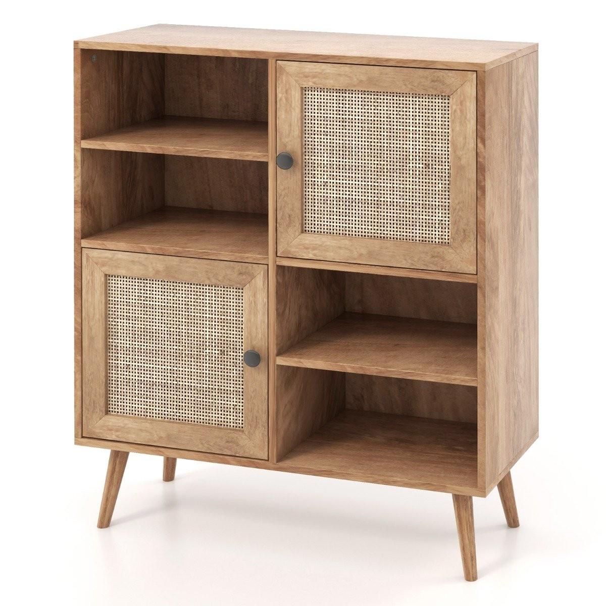 B2X Sideboard Schrank aus Holz Kommode mit 4 Fächern & 2 Türen Anrichteschrank Rattan  